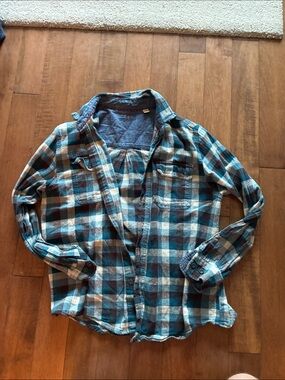 Woolrich Plaid Button-Down Shirt in Teal, Brown & Cream